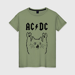 Футболка хлопковая женская AC DC - rock cat, цвет: авокадо