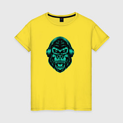 Футболка хлопковая женская Крутая горилла в наушниках, цвет: желтый