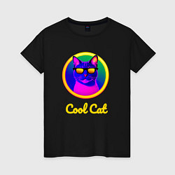 Футболка хлопковая женская Крутой кот в очках, цвет: черный