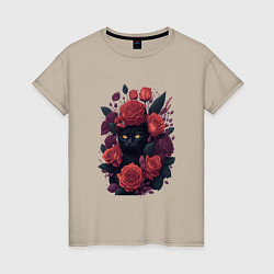 Женская футболка Черный кот в цветах