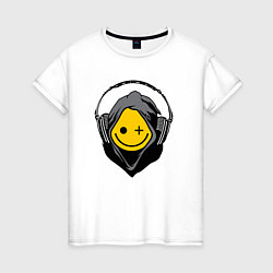 Женская футболка Смайлик в наушниках smiley face in headphones