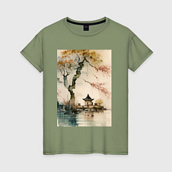 Женская футболка Японский пейзаж акварель - нейросеть
