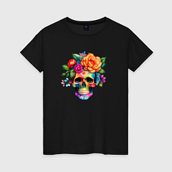 Футболка хлопковая женская Череп с цветами в мексиканском стиле, цвет: черный