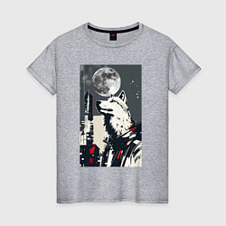 Женская футболка Волк на фоне луны - мегаполис - нейросеть