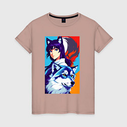 Женская футболка Девочка-волчонок и волк - аниме - нейросеть