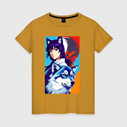 Женская футболка Девочка-волчонок и волк - аниме - нейросеть