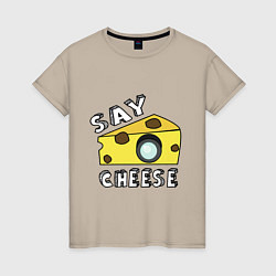 Футболка хлопковая женская Say cheese, цвет: миндальный