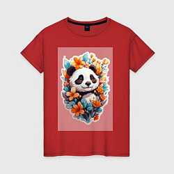 Футболка хлопковая женская Черно-белая панда, цвет: красный
