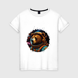 Футболка хлопковая женская Медведь космонавт, цвет: белый