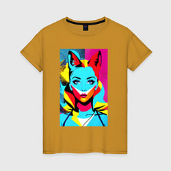 Футболка хлопковая женская Fox girl - pop art - neural network, цвет: горчичный