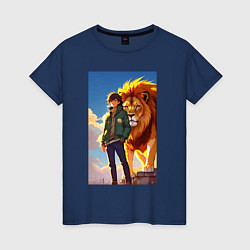 Женская футболка Пацан и лев - нейросеть - аниме