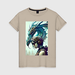 Женская футболка Девчонка в шлеме и дракон - киберпанк