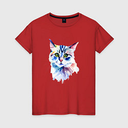 Футболка хлопковая женская Акварельный волшебный котик, цвет: красный