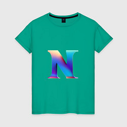 Футболка хлопковая женская Буква N градиент - нейросеть, цвет: зеленый