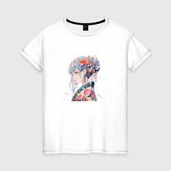 Футболка хлопковая женская Аниме девушка с цветами в волосах, цвет: белый