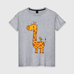 Футболка хлопковая женская Жираф и птичка, цвет: меланж
