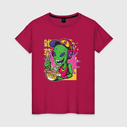 Женская футболка The alien eats noodles
