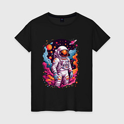 Футболка хлопковая женская Космонавт в открытом космосе среди планет, цвет: черный