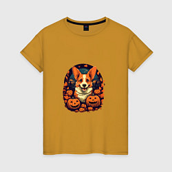 Женская футболка Собака и тыквы в праздник хэллоуин