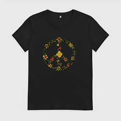 Футболка хлопковая женская Пацифик знак хиппи цветы, цвет: черный