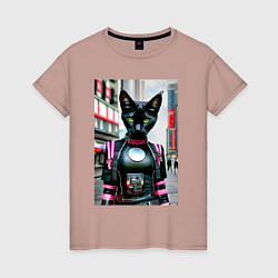 Женская футболка Крутая кисуля в мегаполисе - киберпанк - нейросеть