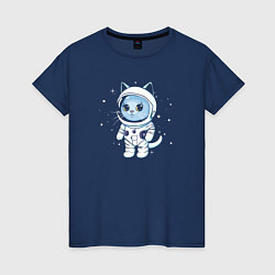 Футболка хлопковая женская Котик в космосе, цвет: тёмно-синий