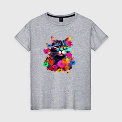 Женская футболка Котик в цветах - нейросеть