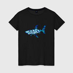 Футболка хлопковая женская Акула из мозаики цвета моря с надписью shark, цвет: черный