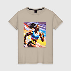 Футболка хлопковая женская Девушка спринтер, цвет: миндальный