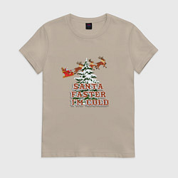 Футболка хлопковая женская Дед мороз уже едет, цвет: миндальный