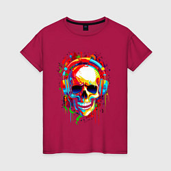 Футболка хлопковая женская Красочный череп в очках, цвет: маджента