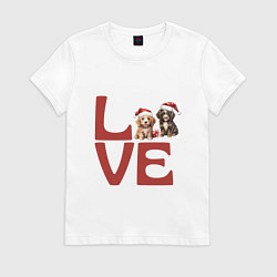 Женская футболка Собаки в новогодних колпаках - любовь