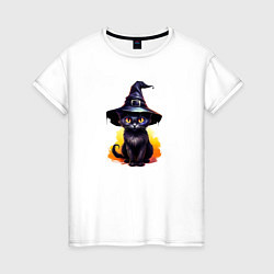 Женская футболка Черный кот в шляпе хэллоуин