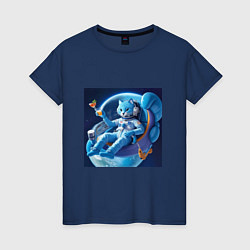 Женская футболка Голубой котик космонавт с коктейлем