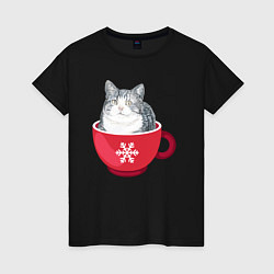 Женская футболка Котик в кружке со снежинкой