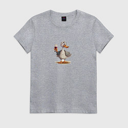 Футболка хлопковая женская Смешной гусь с бокалом вина, цвет: меланж