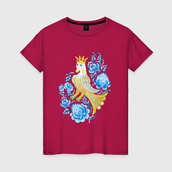 Футболка хлопковая женская Птица Сирин в цветах по мотивам гжельской росписи, цвет: маджента