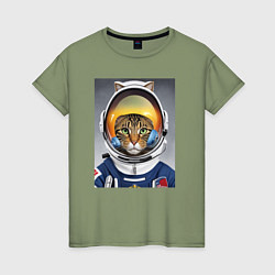 Футболка хлопковая женская Кот в костюме астронавта, цвет: авокадо