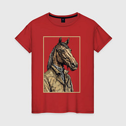 Футболка хлопковая женская Конь в бежевом пальто, цвет: красный