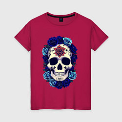 Женская футболка Череп с сининими розами
