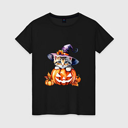 Футболка хлопковая женская Хэллоуин - котенок с тыквой, цвет: черный