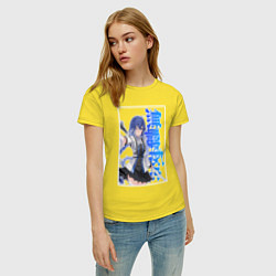 Футболка хлопковая женская Рокси Мигурдия - синие иероглифы, цвет: желтый — фото 2