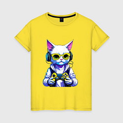 Футболка хлопковая женская Белый кот геймер, цвет: желтый