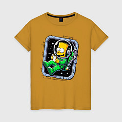 Футболка хлопковая женская Барт Симпсон с сэндвичем в космосе - нейросеть, цвет: горчичный