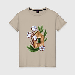 Женская футболка Деревянный домик с хлопком и еловыми ветками