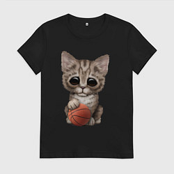 Футболка хлопковая женская Котик баскетболист, цвет: черный