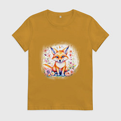 Женская футболка Милый большеухий лисенок сидит в цветах