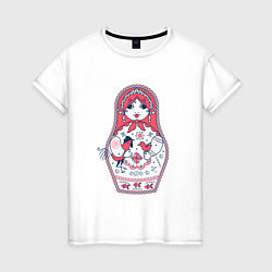Женская футболка Матрешка с красным петухом по мотивам мезенской ро