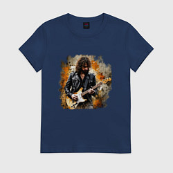 Футболка хлопковая женская Рок музыкант на гранже, цвет: тёмно-синий
