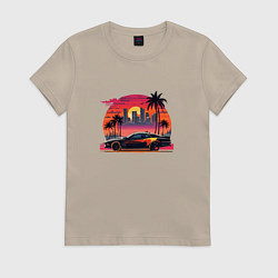 Футболка хлопковая женская Ретро закат в Майями и гоночная машина, цвет: миндальный